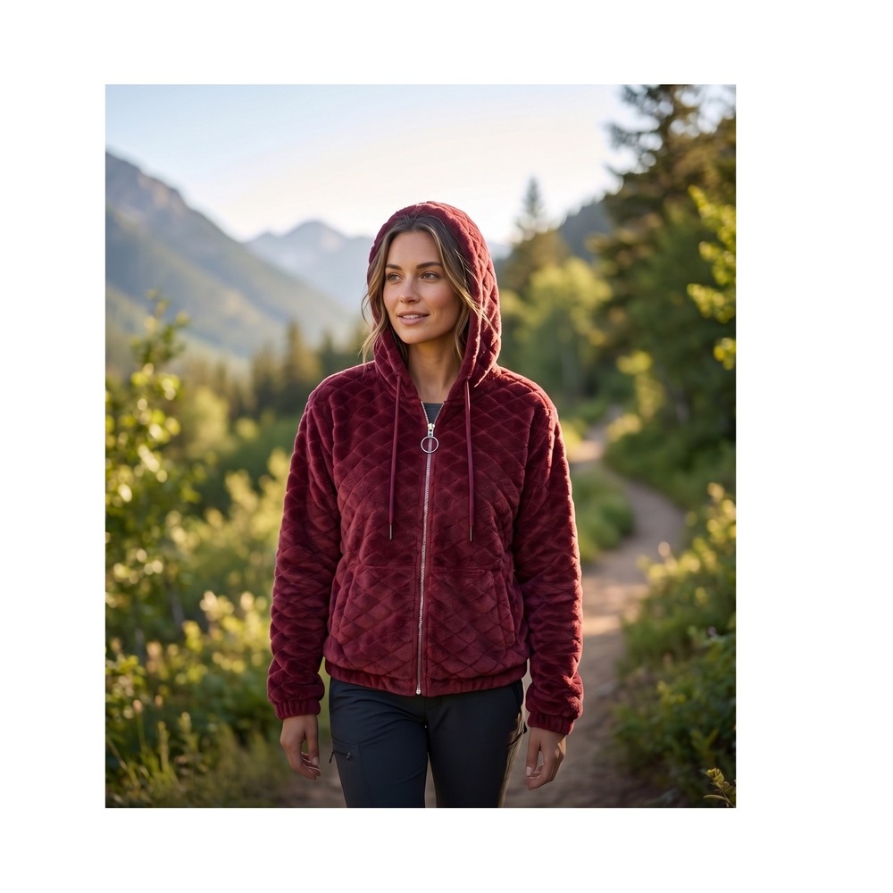 Angel Cult Burgundy Plush Quilted Zip Up Hoodie Jacket Ring Pull Size L